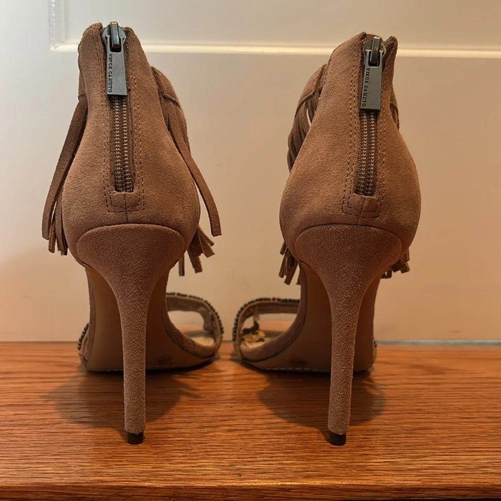 Vince Camuto Taupe Suede Fringe Beaded Open-Toe Heels